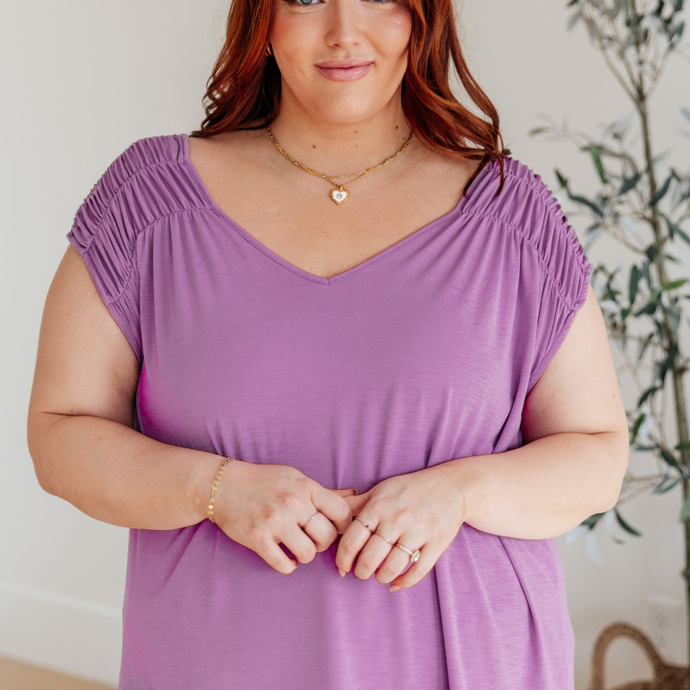 
                      
                        Ruched Cap Sleeve Top in Lavender
                      
                    