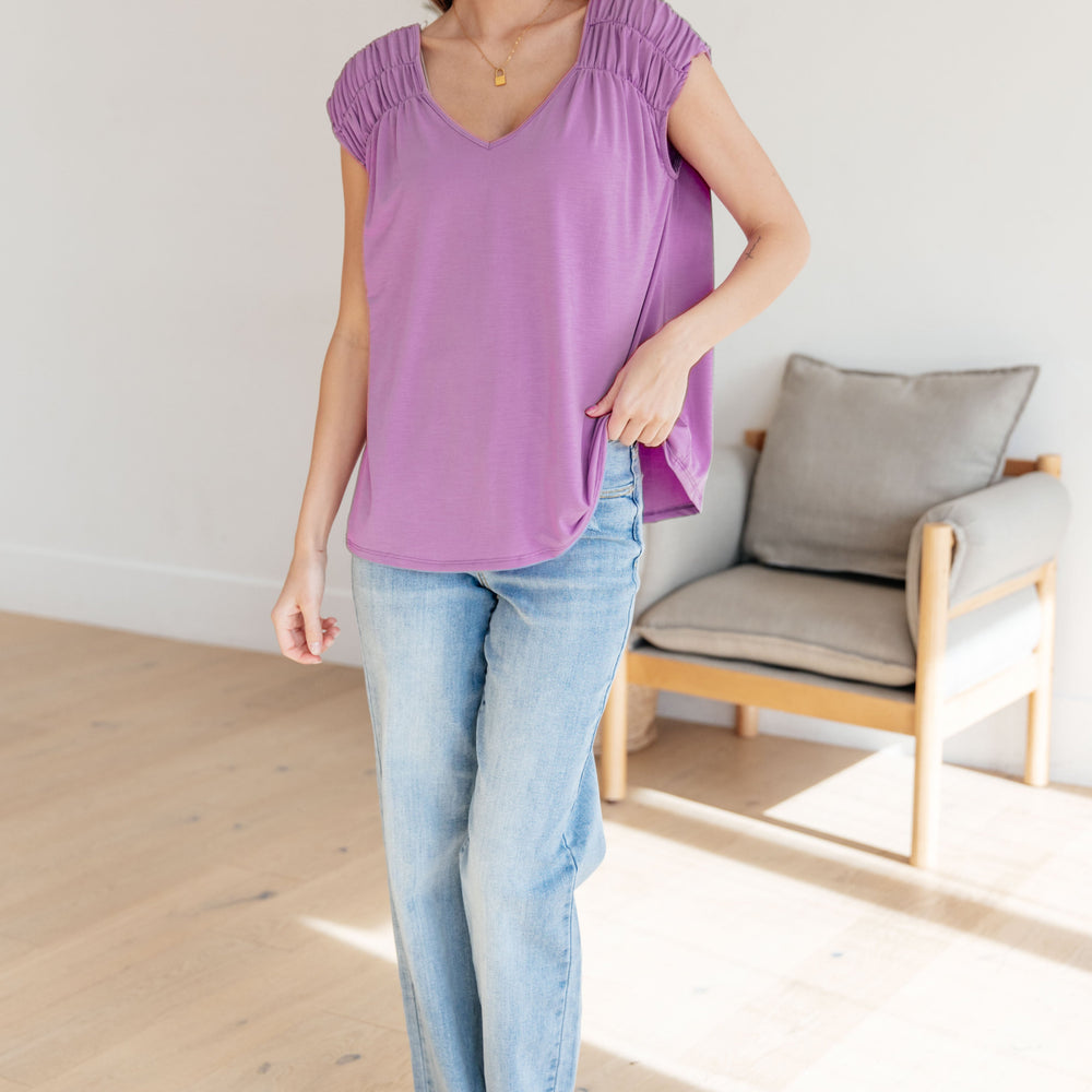 
                      
                        Ruched Cap Sleeve Top in Lavender
                      
                    