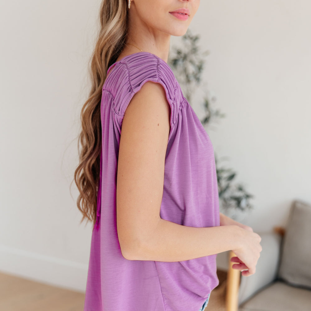 
                      
                        Ruched Cap Sleeve Top in Lavender
                      
                    