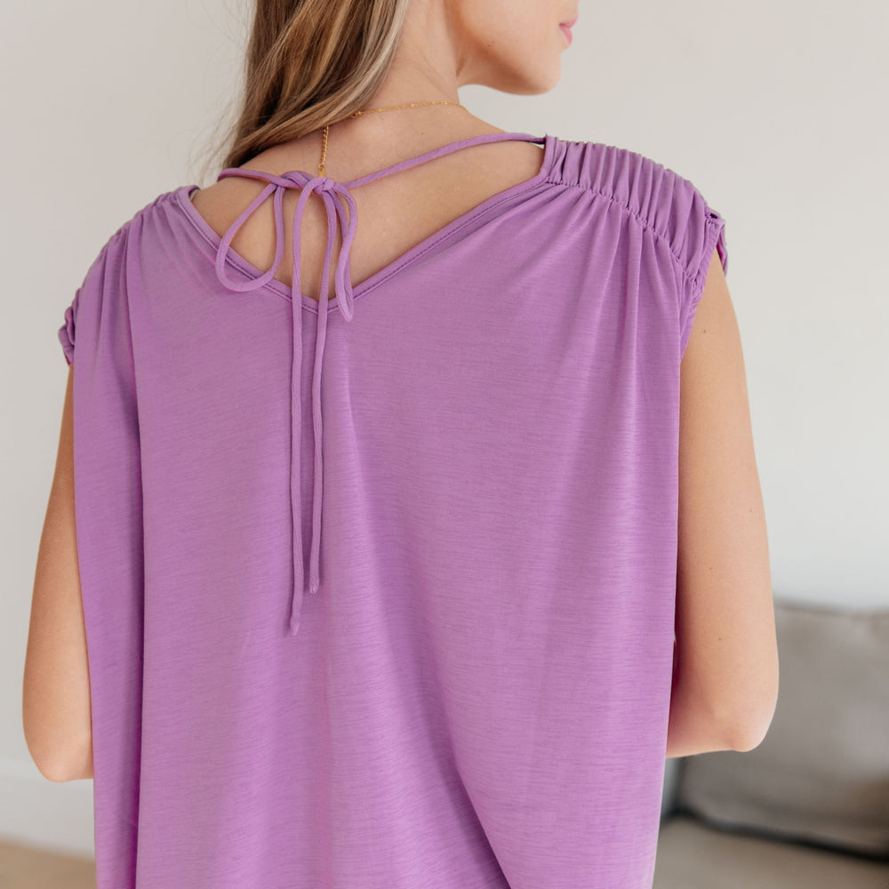 
                      
                        Ruched Cap Sleeve Top in Lavender
                      
                    