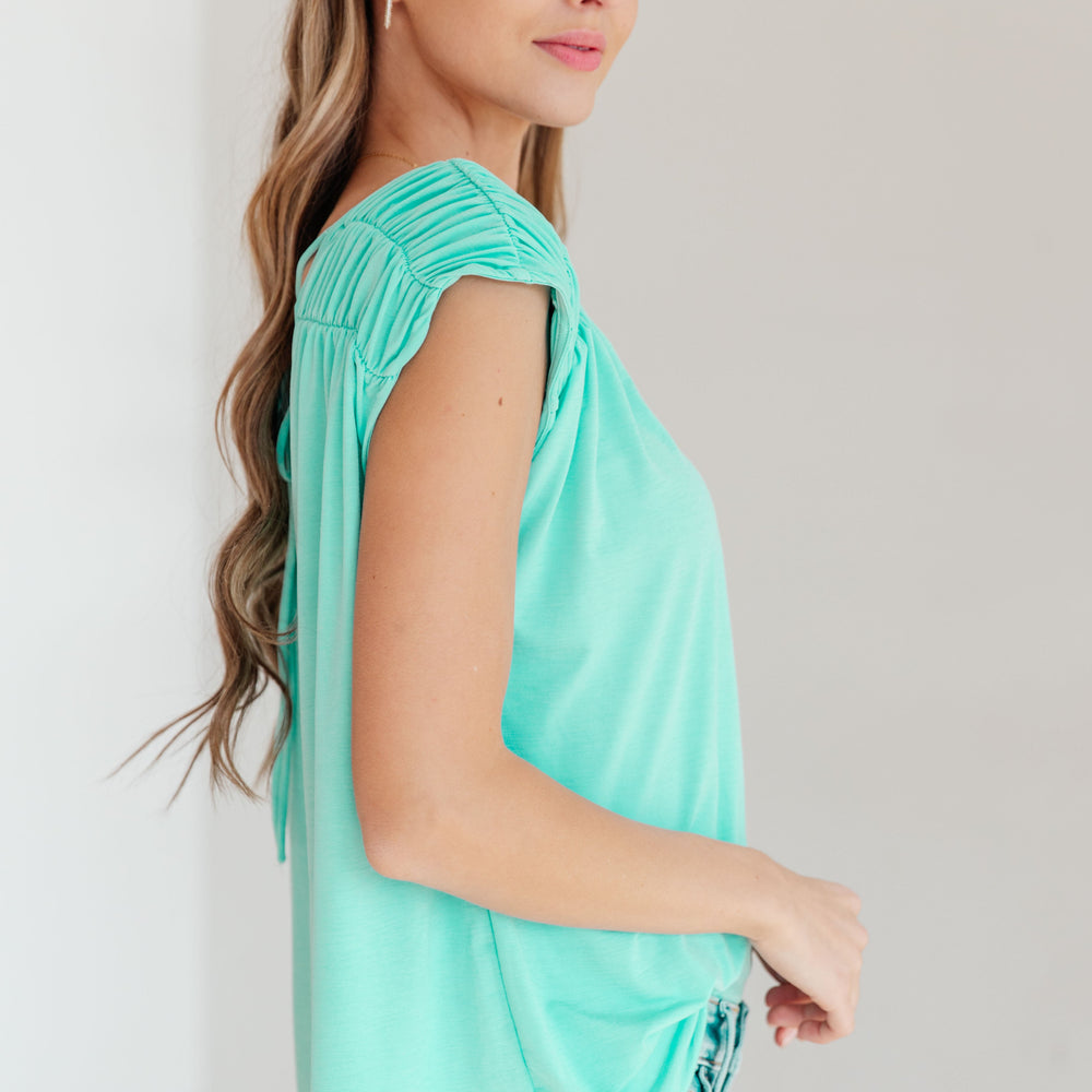 
                      
                        Ruched Cap Sleeve Top in Neon Blue
                      
                    