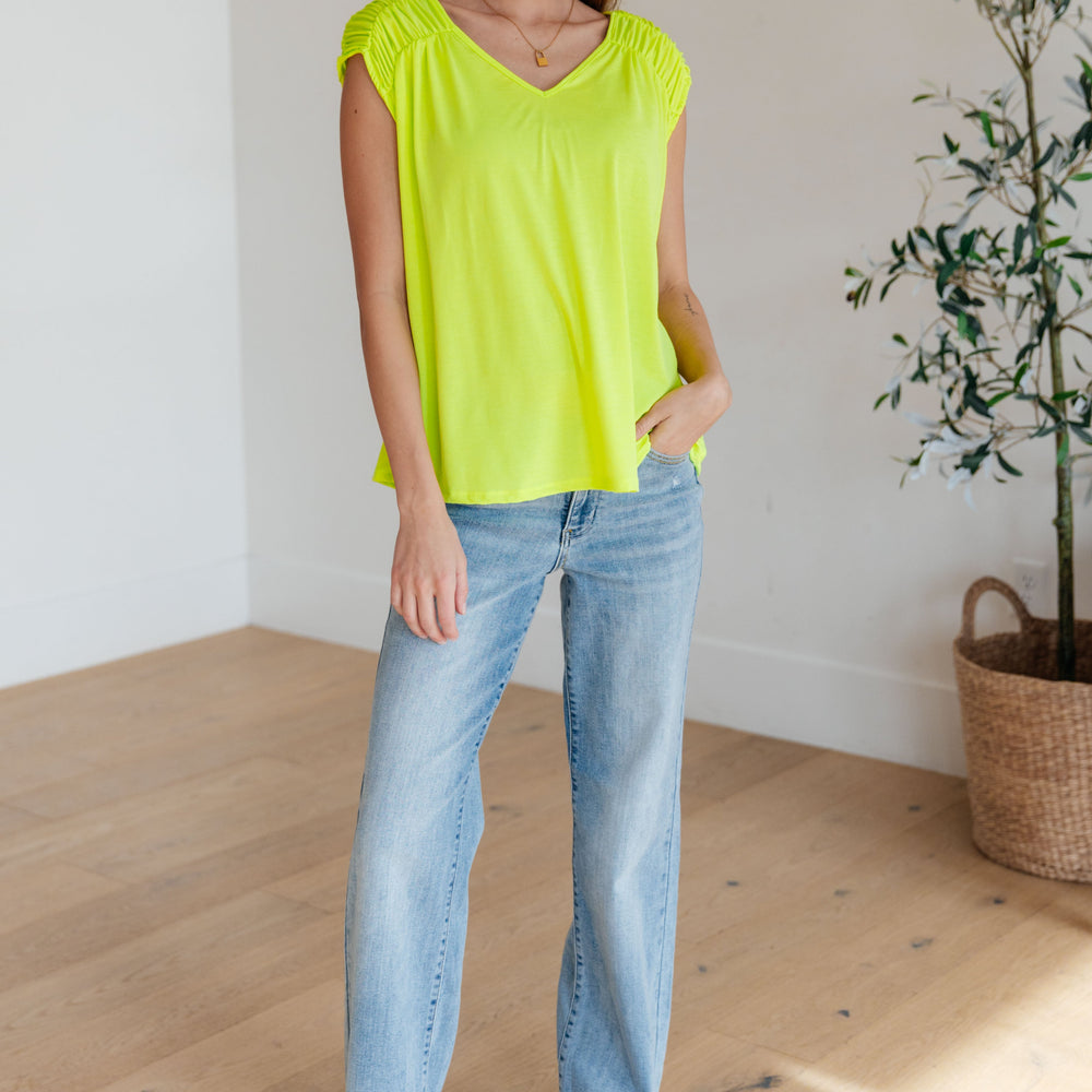 
                      
                        Ruched Cap Sleeve Top in Neon Green
                      
                    