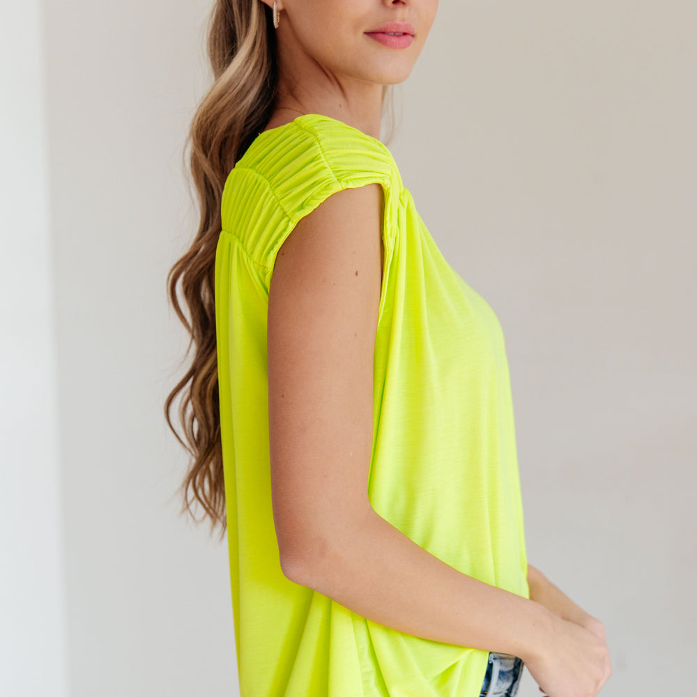 
                      
                        Ruched Cap Sleeve Top in Neon Green
                      
                    