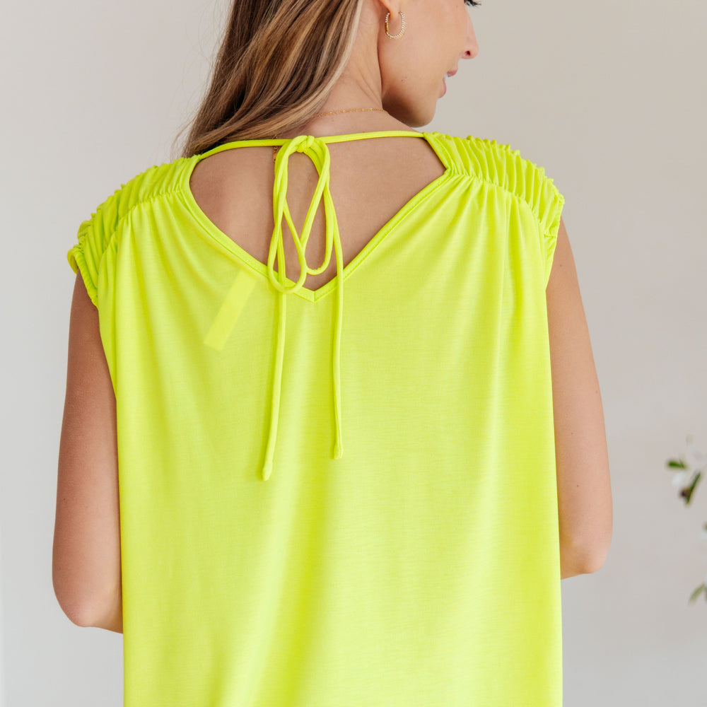 
                      
                        Ruched Cap Sleeve Top in Neon Green
                      
                    