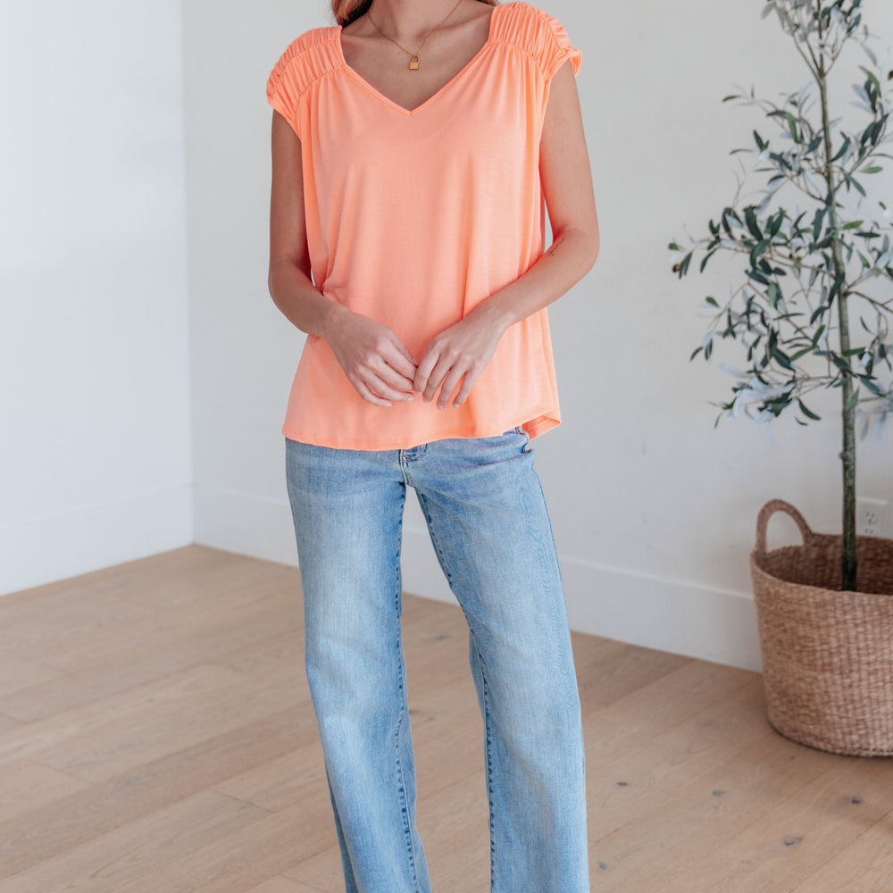 
                      
                        Ruched Cap Sleeve Top in Neon Orange
                      
                    