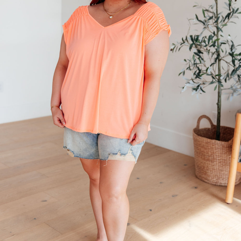 
                      
                        Ruched Cap Sleeve Top in Neon Orange
                      
                    