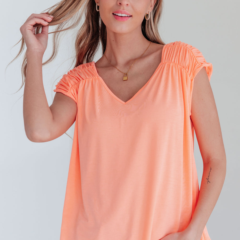 Ruched Cap Sleeve Top in Neon Orange