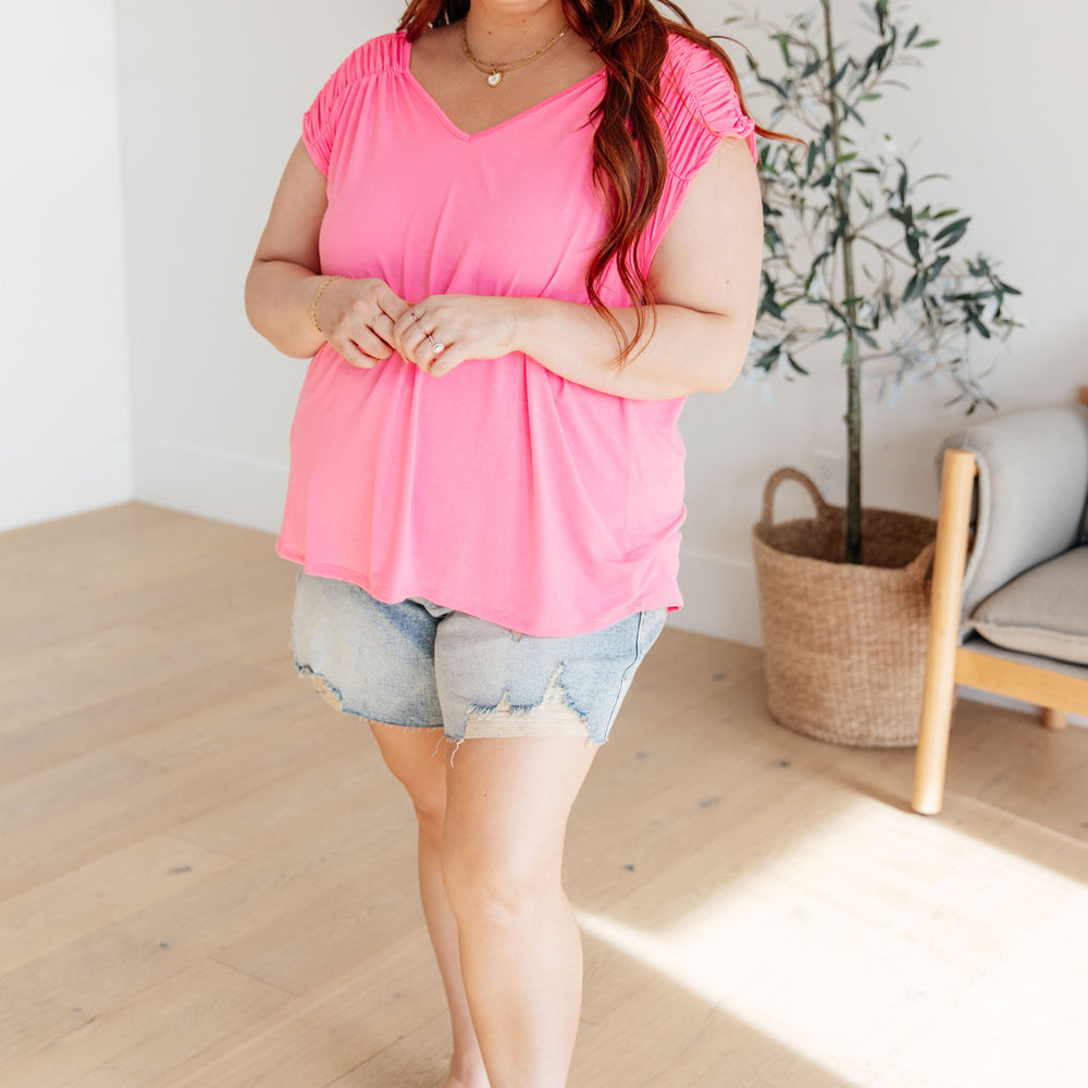 
                      
                        Ruched Cap Sleeve Top in Neon Pink
                      
                    