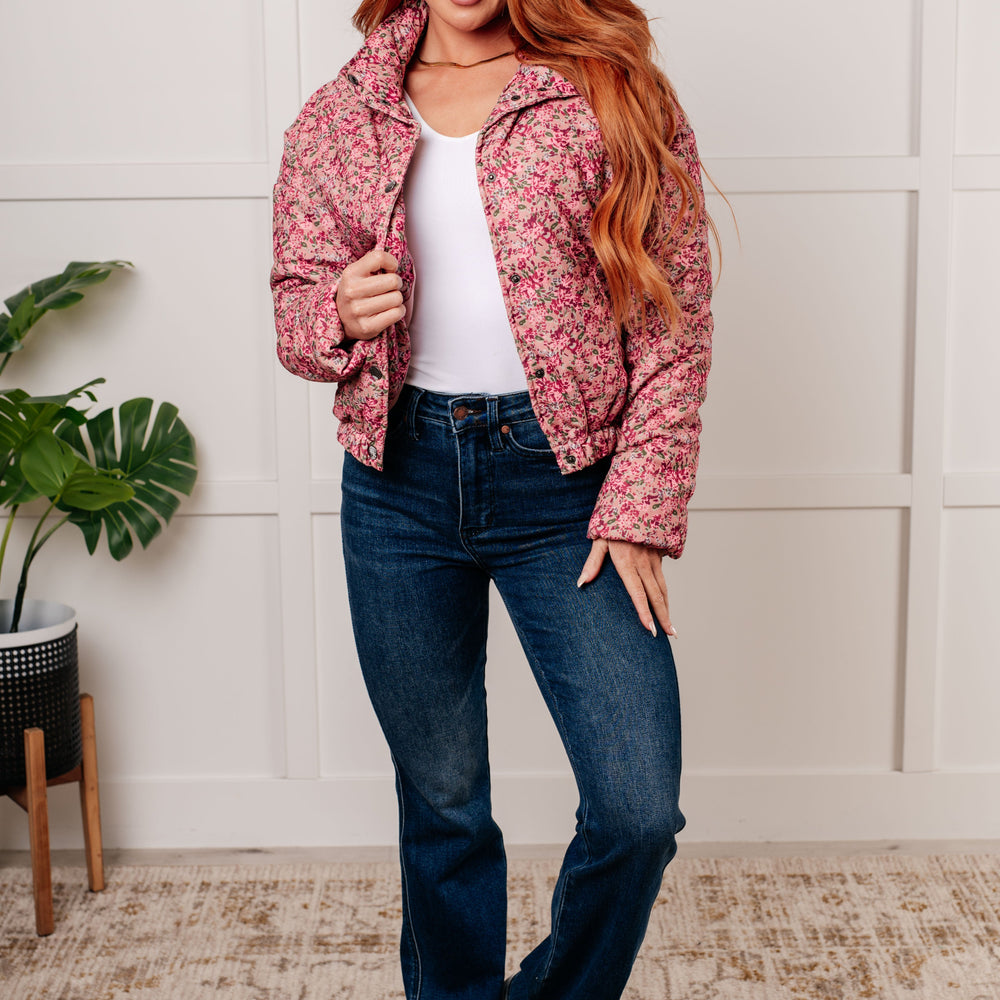 Wish Me Well Floral Printed Puffer Jacket in Rose Multi