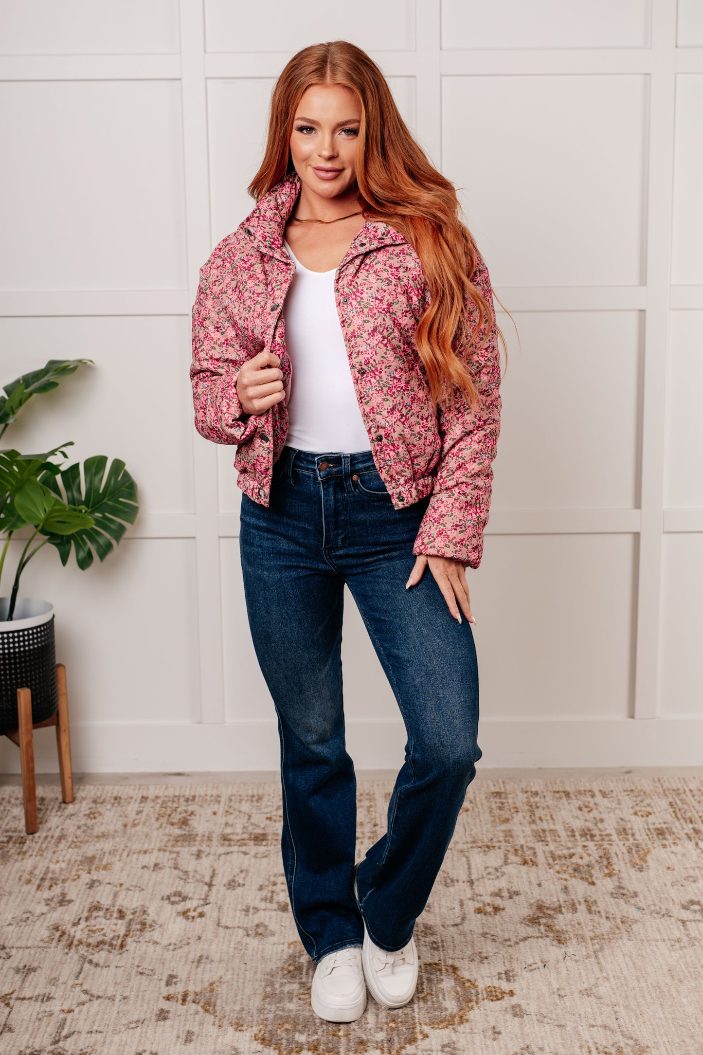 Wish Me Well Floral Printed Puffer Jacket in Rose Multi