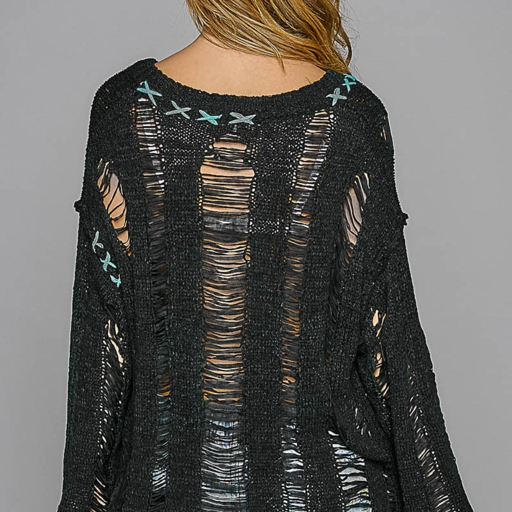 Distressed Dropped Shoulder Long Sleeve Knit Top