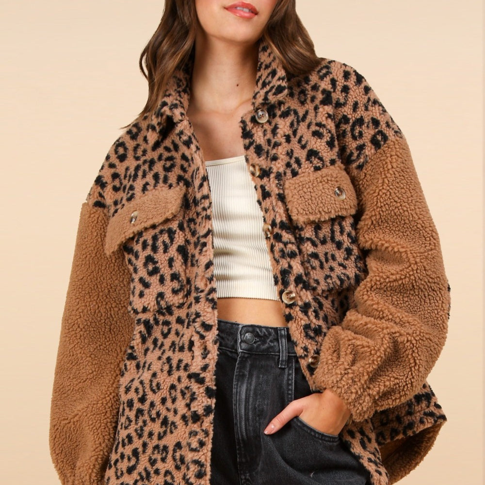 Fuzzy Leopard Button Down Long Sleeve Jacket