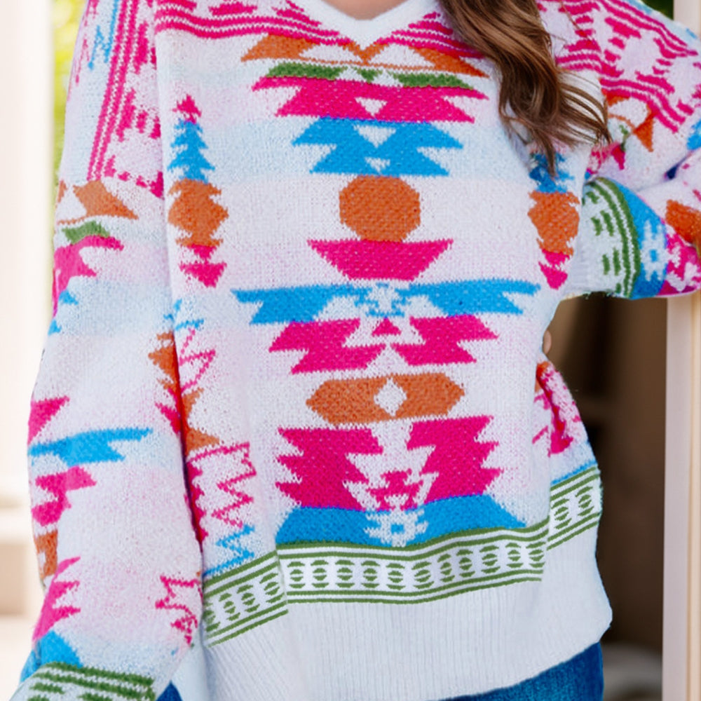 Geometric V-Neck Long Sleeve Sweater