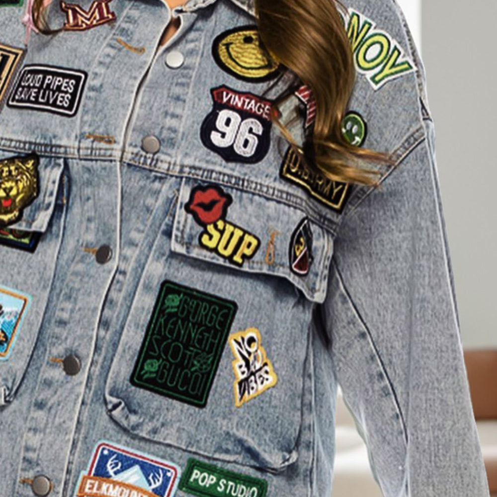 
                      
                        Embroidered Patch Button Up Long Sleeve Denim Jacket
                      
                    