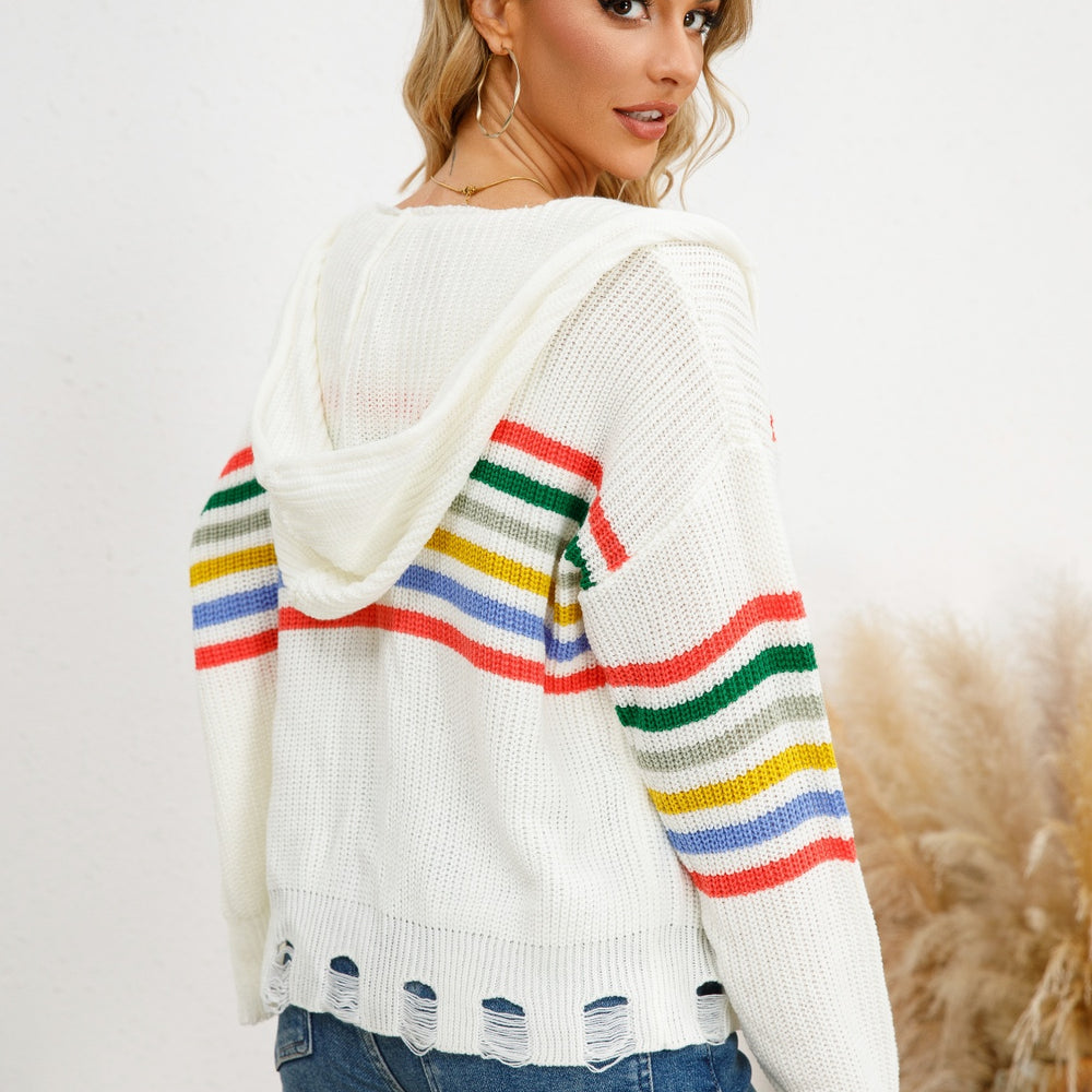 Drawstring Striped Dropped Shoulder Hooded Cardigan