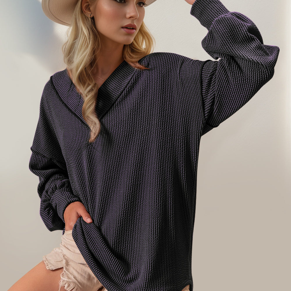 Exposed Seam Ribbed Textured V-Neck Long Sleeve T-Shirt