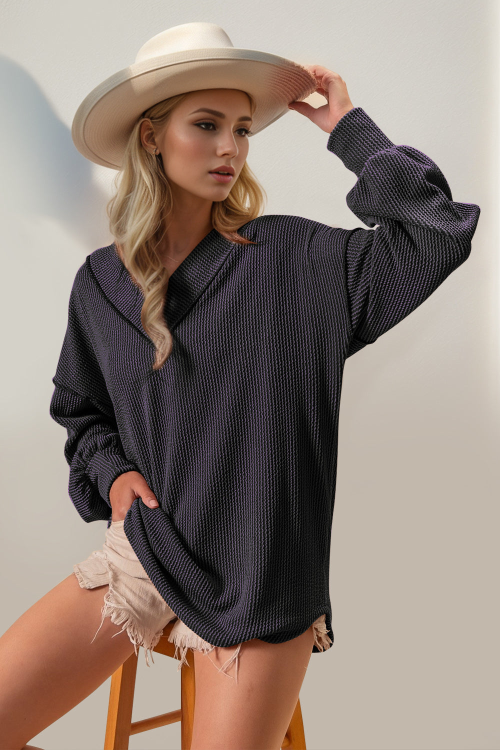 Exposed Seam Ribbed Textured V-Neck Long Sleeve T-Shirt