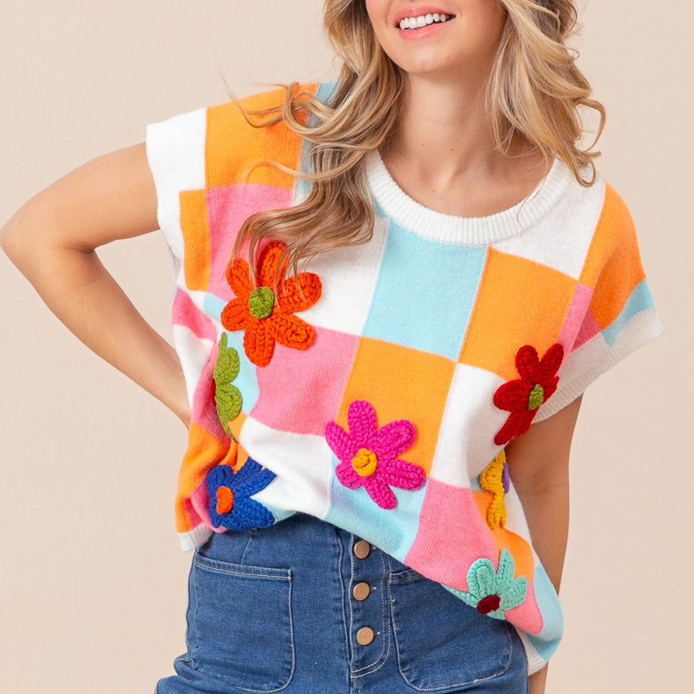 Flower Patch Checkered Sweater Vest