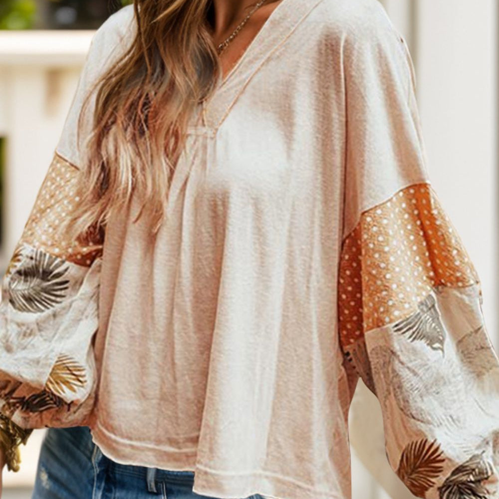 Printed V-Neck Long Sleeve Blouse