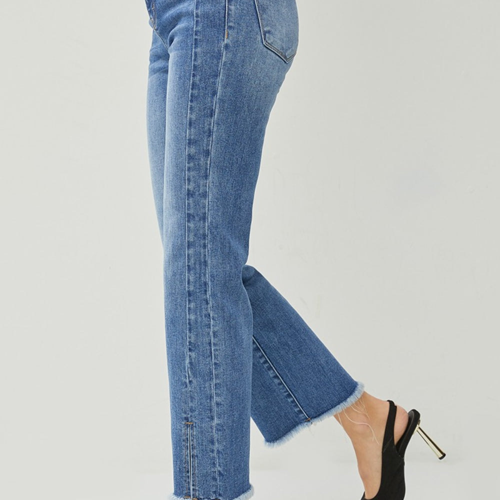 
                      
                        RISEN High Waist Raw Hem Slit Straight Jeans
                      
                    