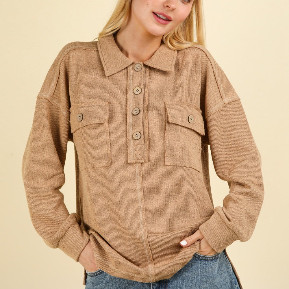 Collared Half Button Knit Top with Pockets