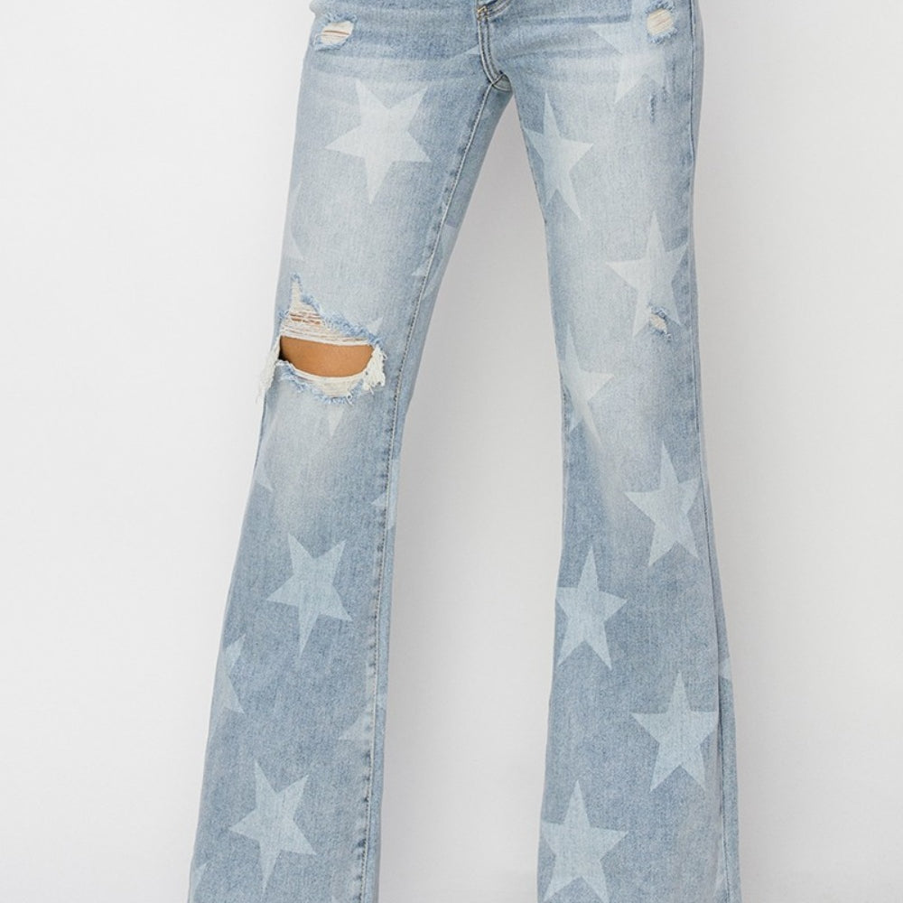 
                      
                        RISEN Mid Rise Button Fly Start Print Flare Jeans
                      
                    