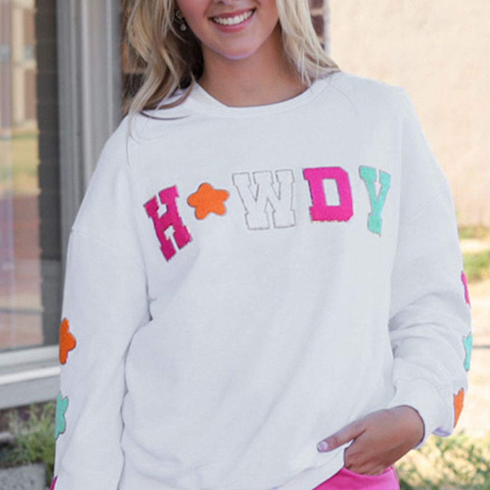 HOWDY Patch Graphic Round Neck Sweatshirt