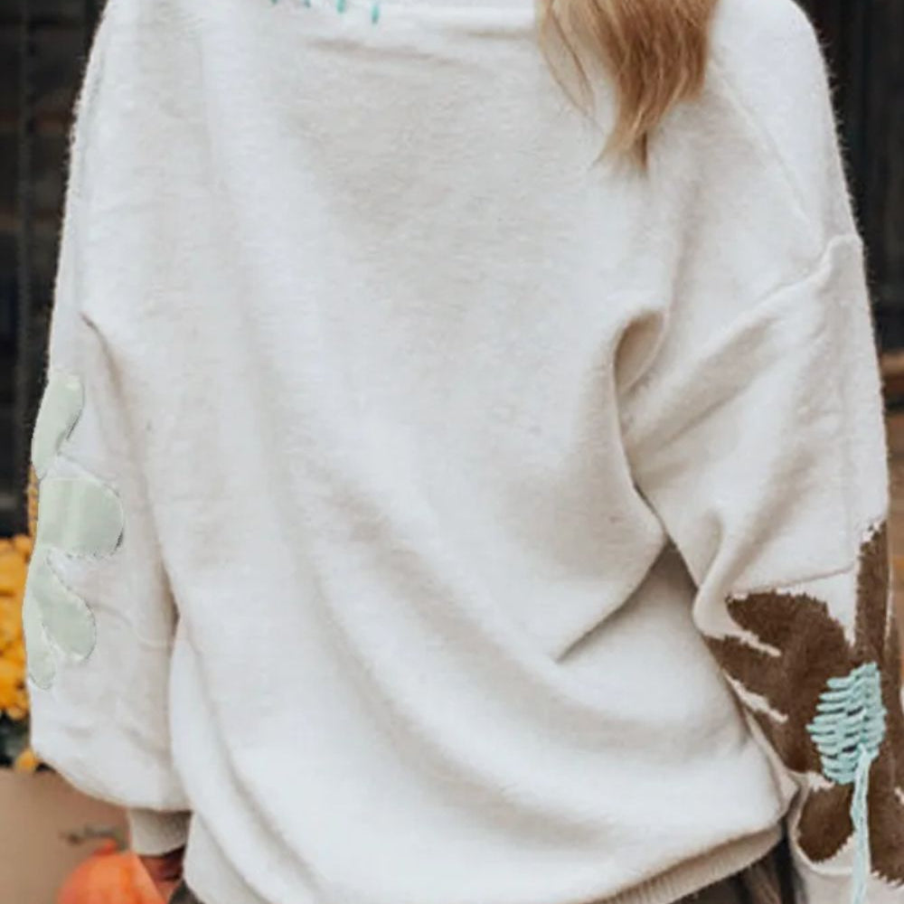 Flower V-Neck Dropped Shoulder Sweater