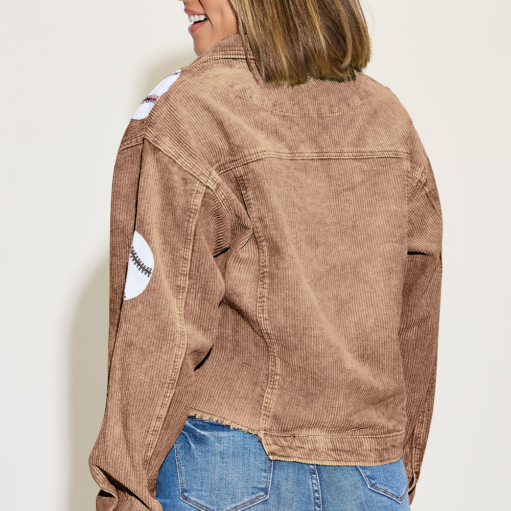 
                      
                        Baseball Sequin Dropped Shoulder Raw Hem Jacket
                      
                    