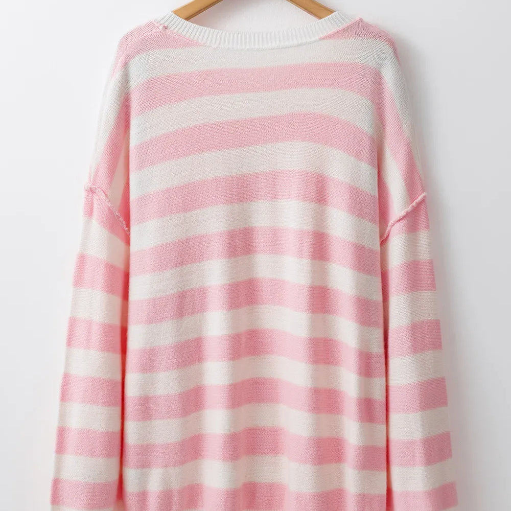 
                      
                        Exposed Seam Striped Round Neck Long Sleeve Sweater
                      
                    