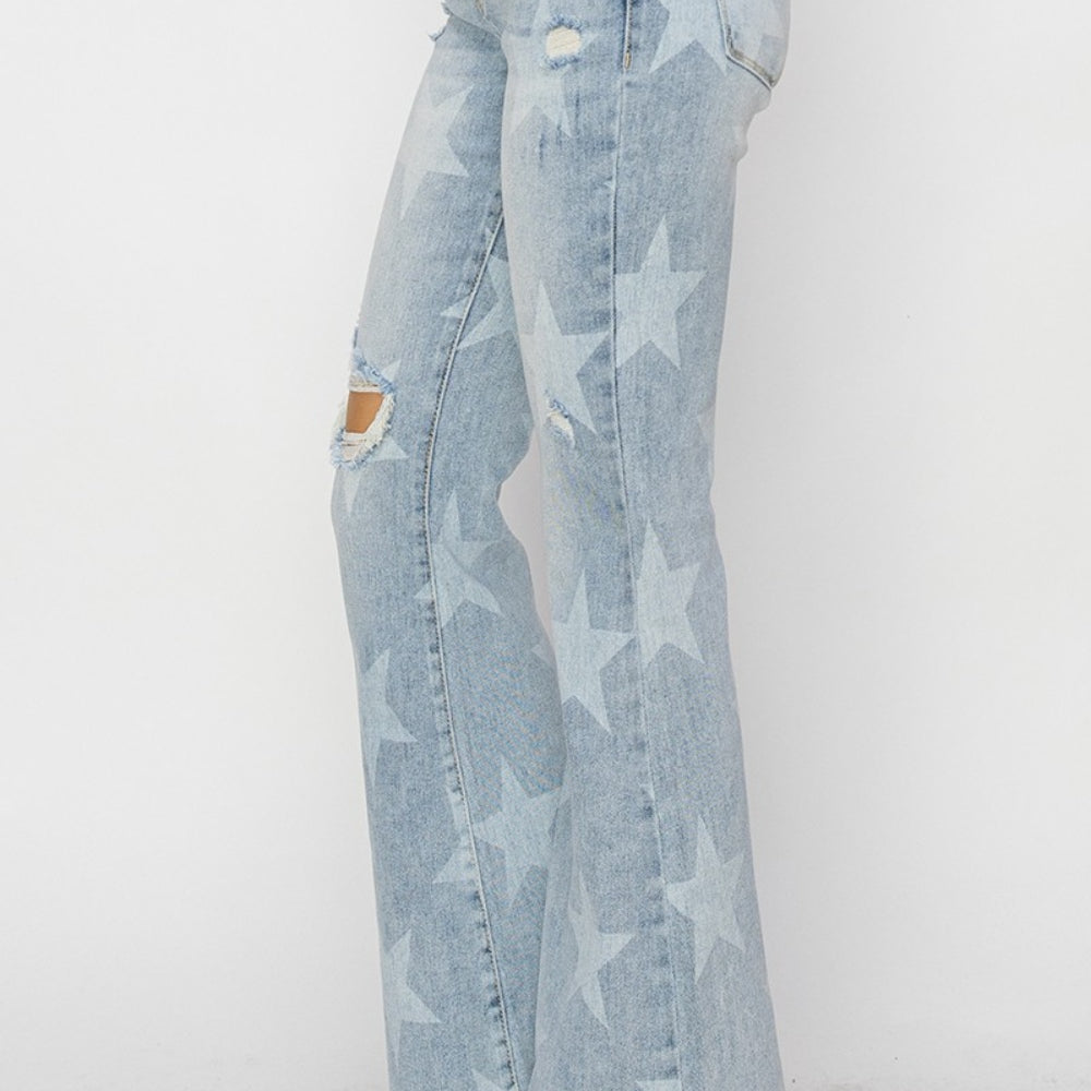 
                      
                        RISEN Mid Rise Button Fly Start Print Flare Jeans
                      
                    