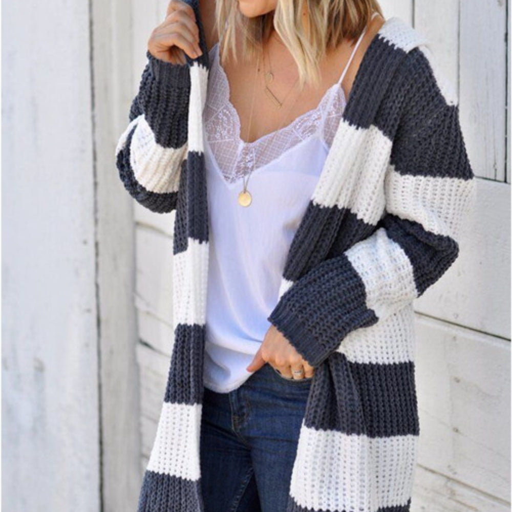 
                      
                        Contrast Stripes Open Front Long Sleeve Cardigan
                      
                    