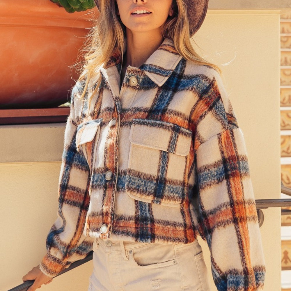 
                      
                        Brushed Plaid Crop Jacket with Pockets
                      
                    