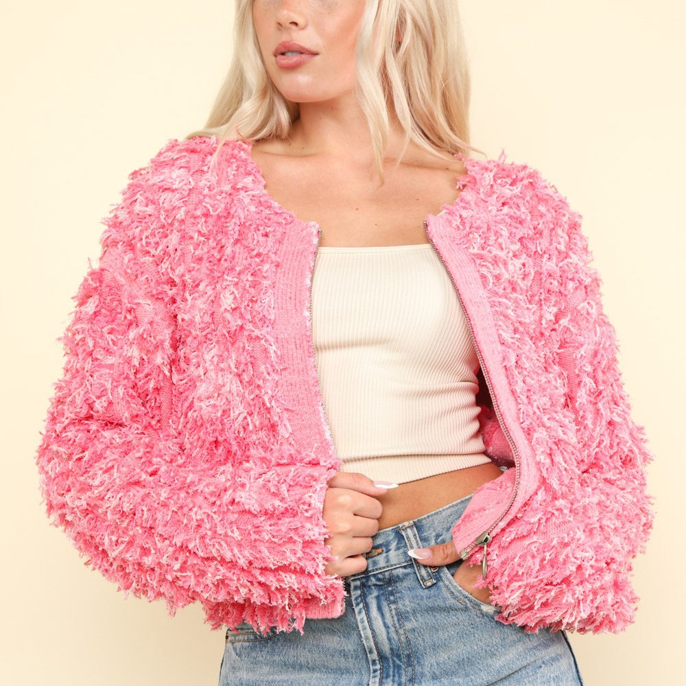 
                      
                        Shaggy Yarn Knit Zip Up Jacket
                      
                    