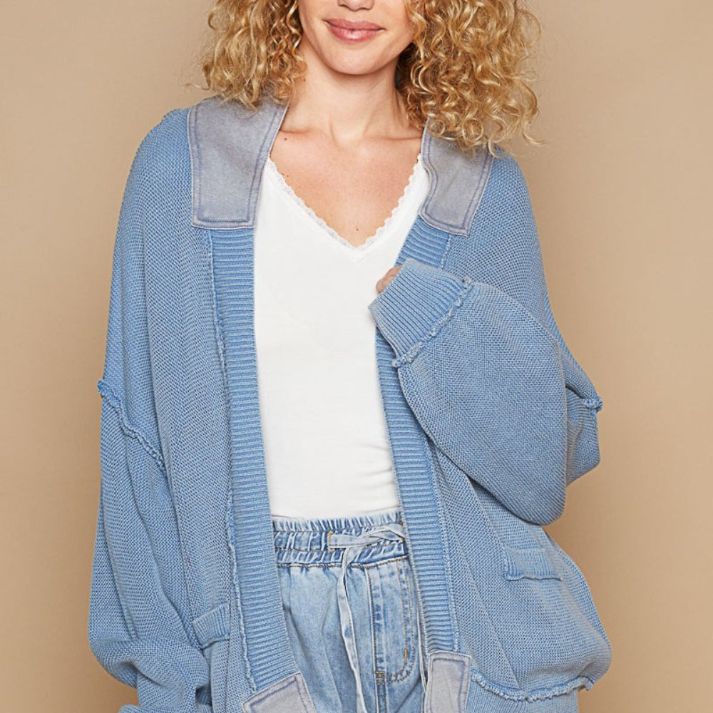 Open Front Washed Knit Cardigan with Pockets