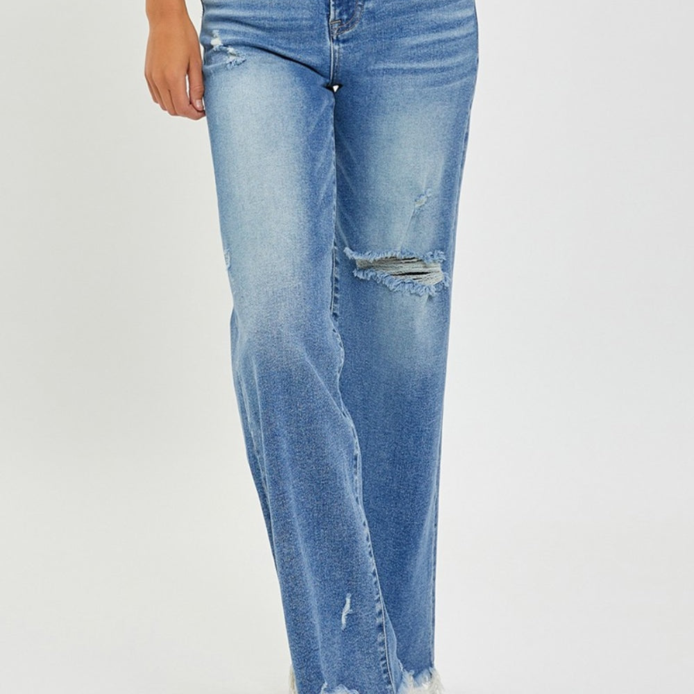 
                      
                        Risen High Rise Frayed Hem Wide Leg Jeans
                      
                    