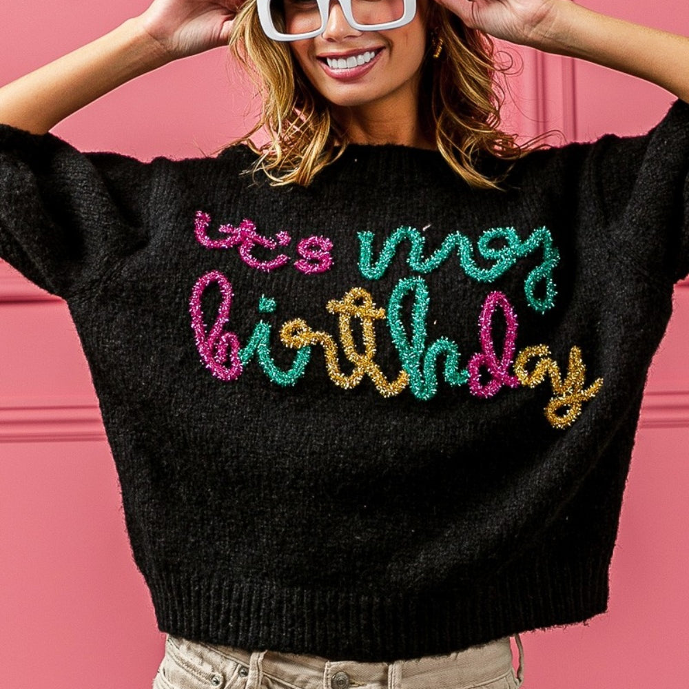 
                      
                        Metallic Letter Puff Sleeve Hairy Sweater
                      
                    