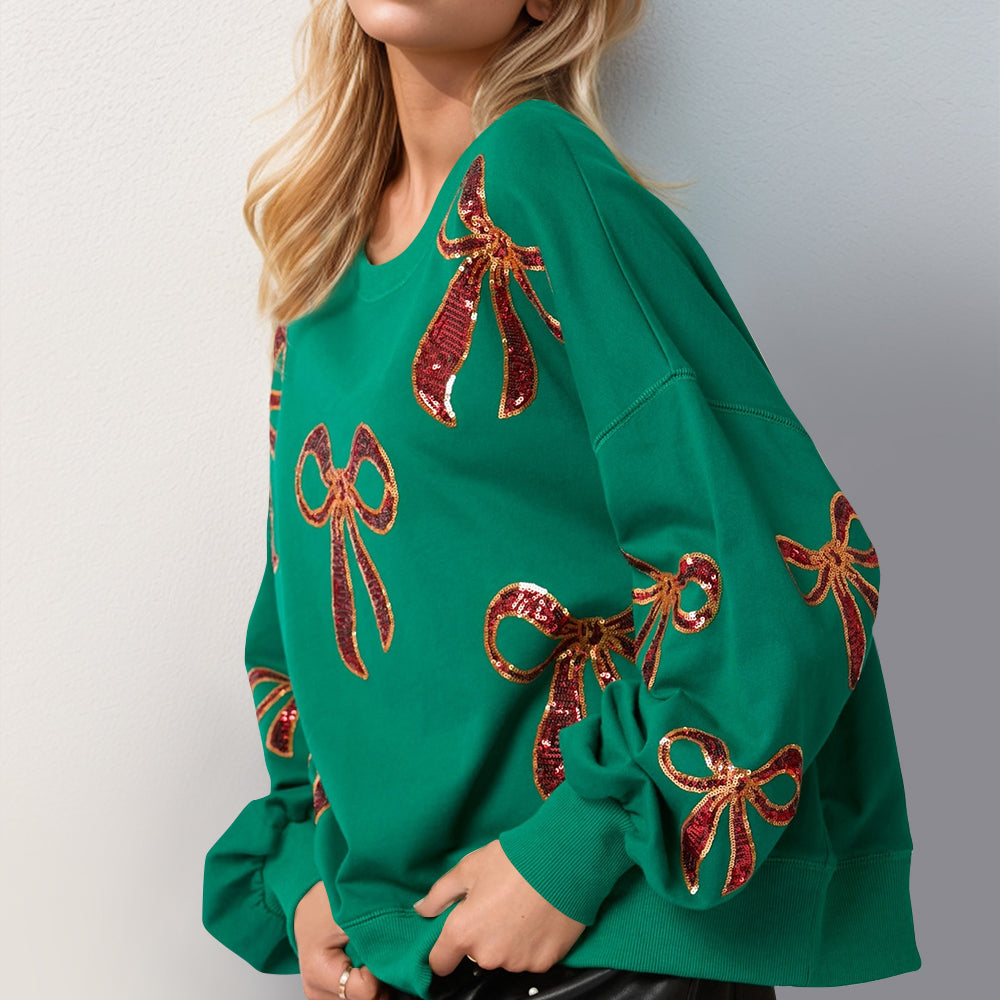 Christmas Bow Sequin Round Neck Dropped Shoulder Sweatshirt