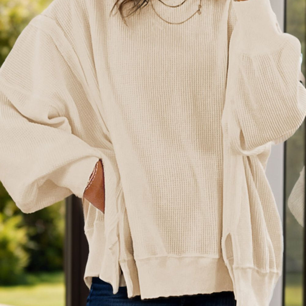 Slit Waffle-Knit Round Neck Long Sleeve Top