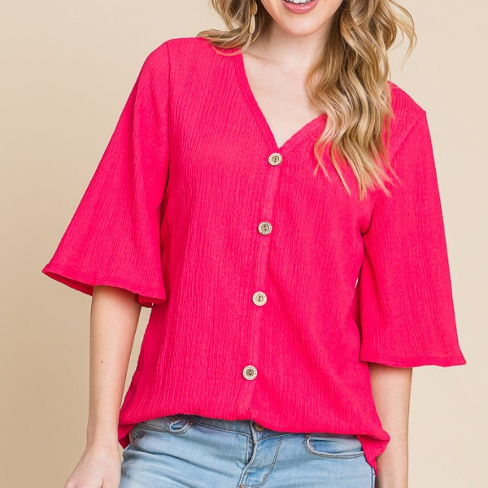 Texture Decorative Button V-Neck Top