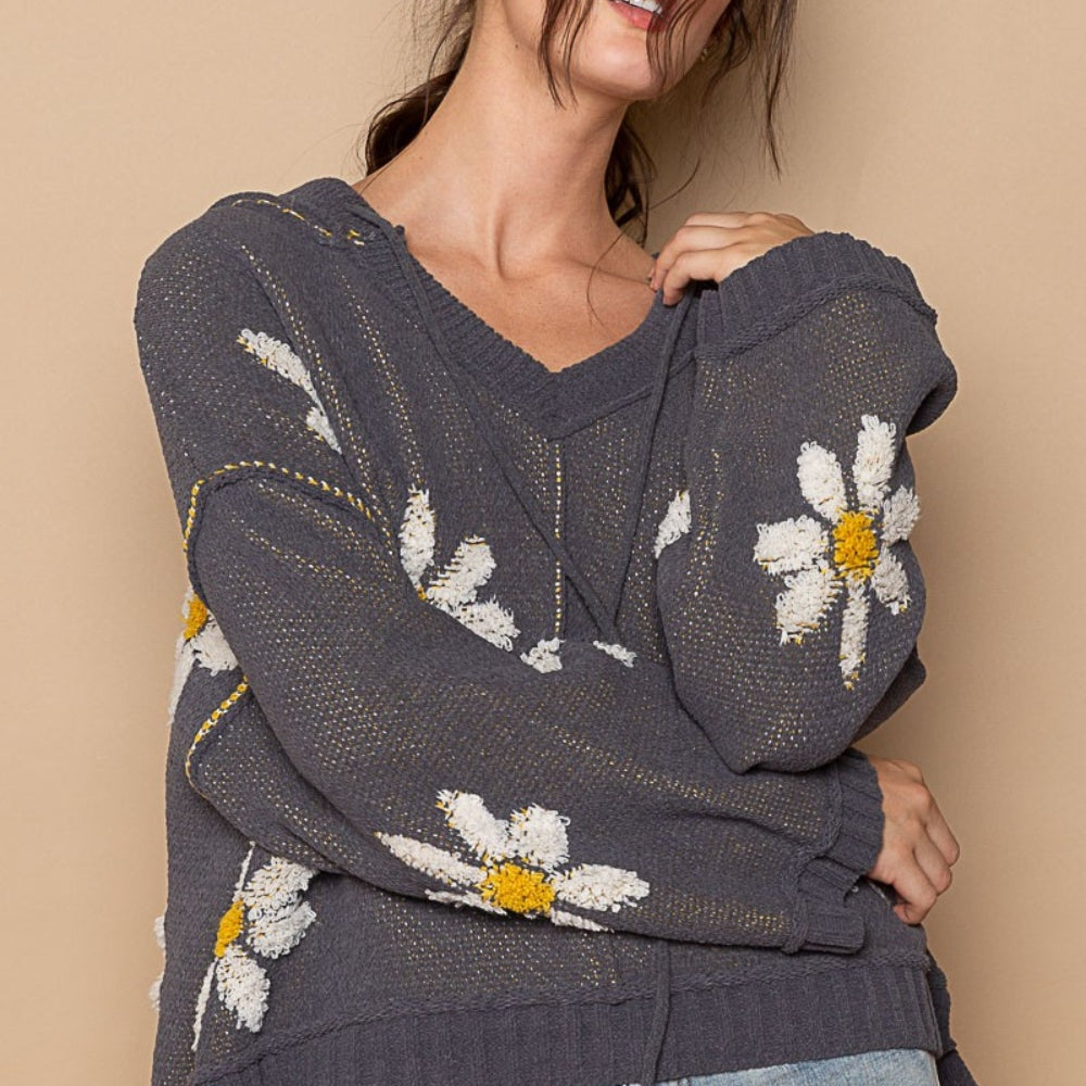 Floral Pattern Hooded High-Low Sweater