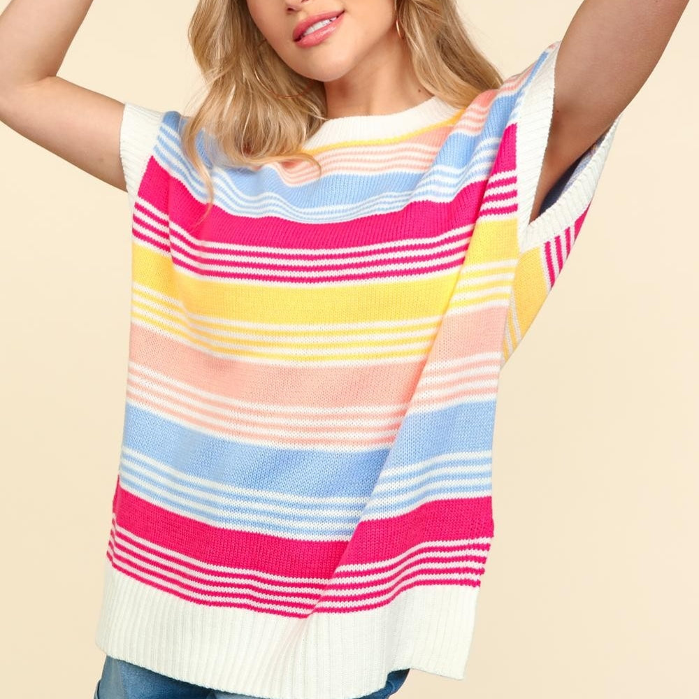 
                      
                        Striped Side Slit Short Sleeve Knit Top
                      
                    