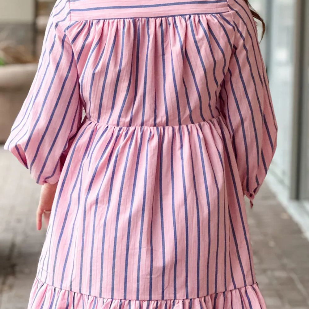 Striped Collared Neck Long Sleeve Mini Shirt Dress