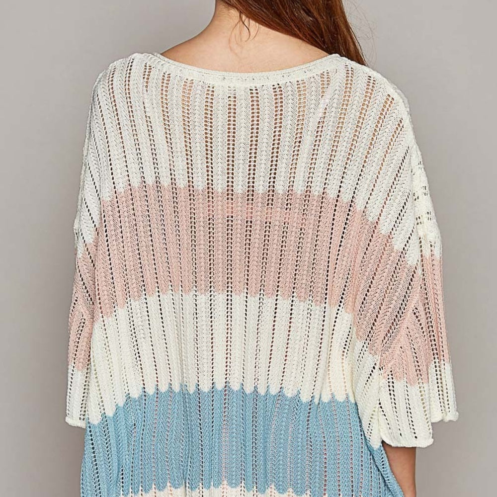 V-Neck Short Sleeve Stripe Weave Sweater