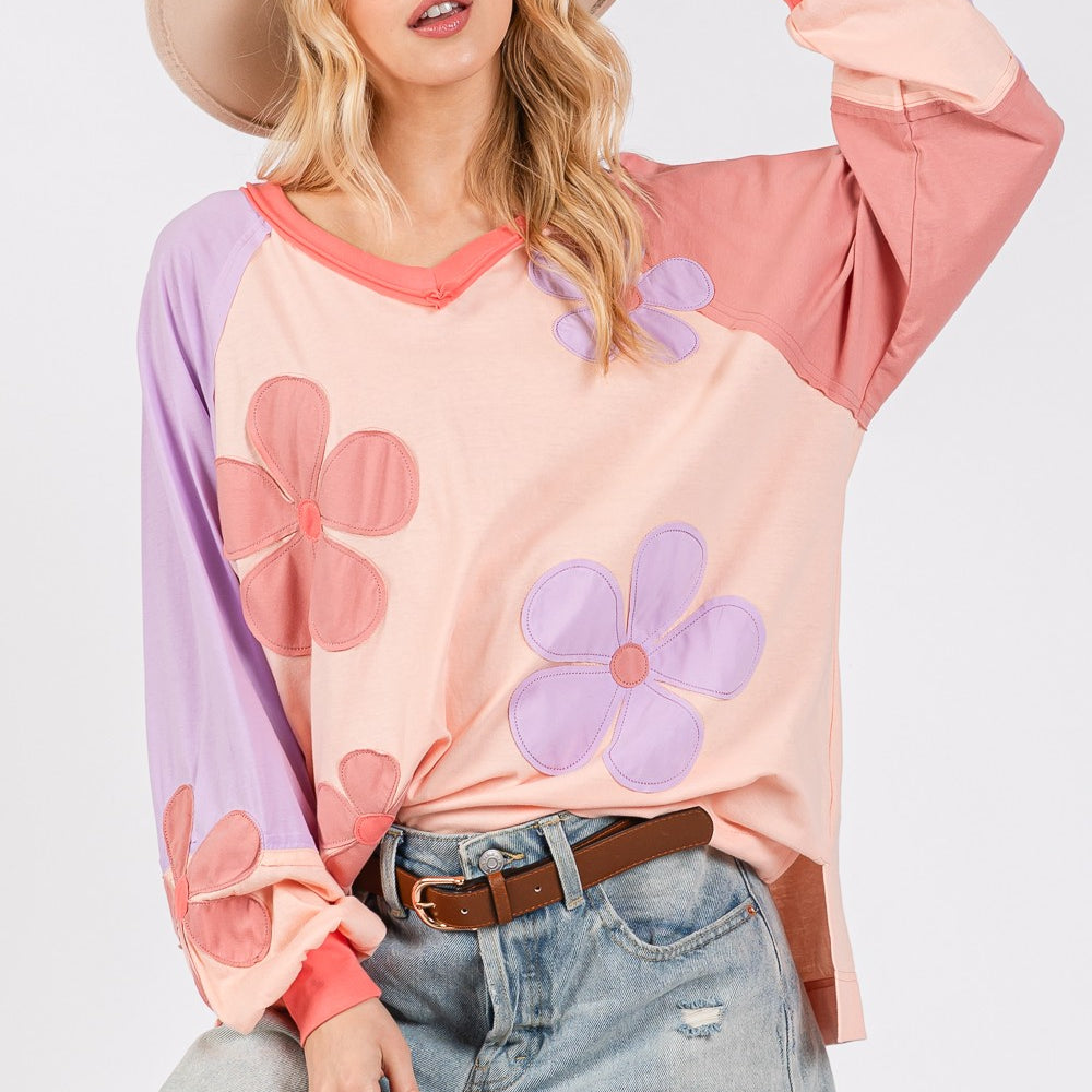 Daisy Applique Patch Color Block Long Sleeve Top