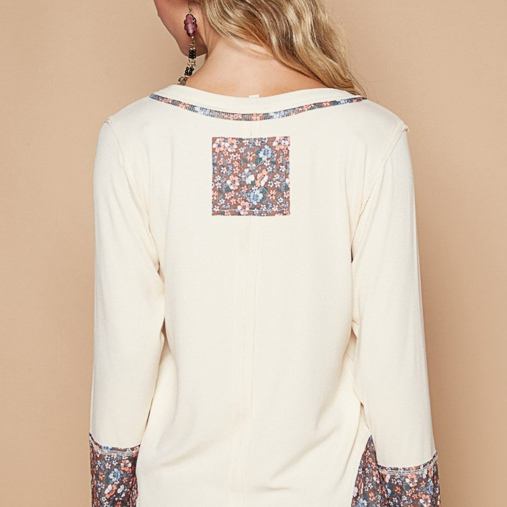 POL V-Neck Long Sleeve Floral Number Patch T-Shirt