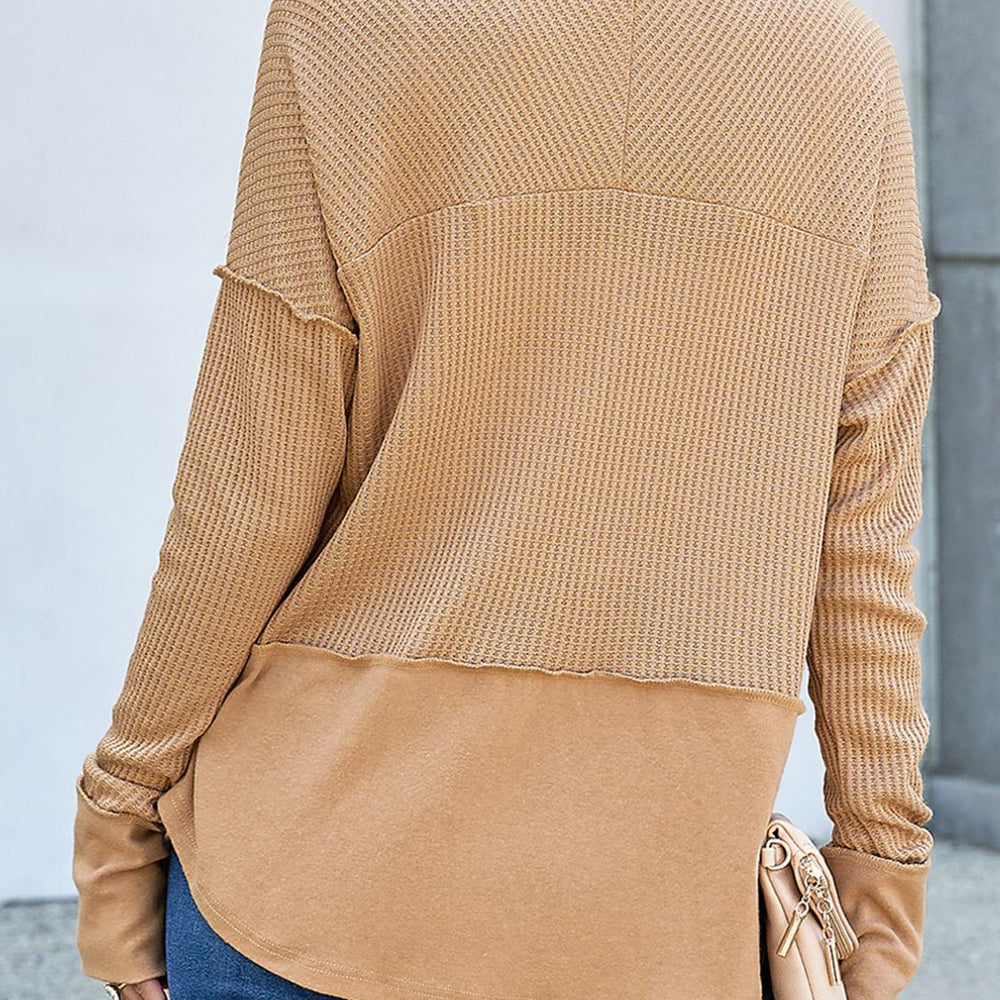 Waffle-Knit Notched Long Sleeve T-Shirt