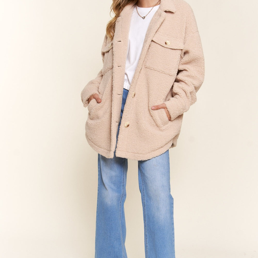 
                      
                        Teddy Sherpa Button Down Curved Hem Shacket
                      
                    