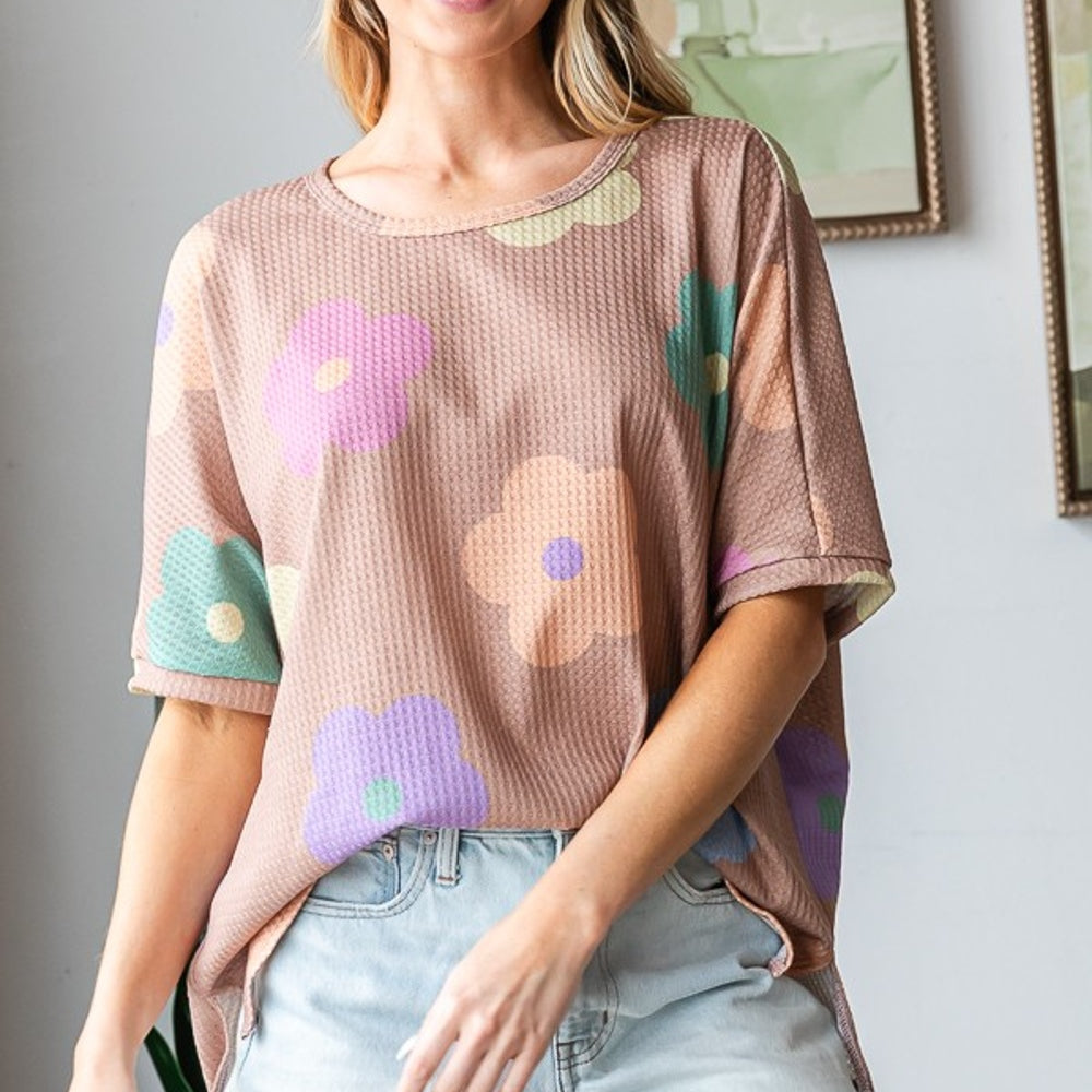 
                      
                        Floral Round Neck Side Slit Waffle T-Shirt
                      
                    