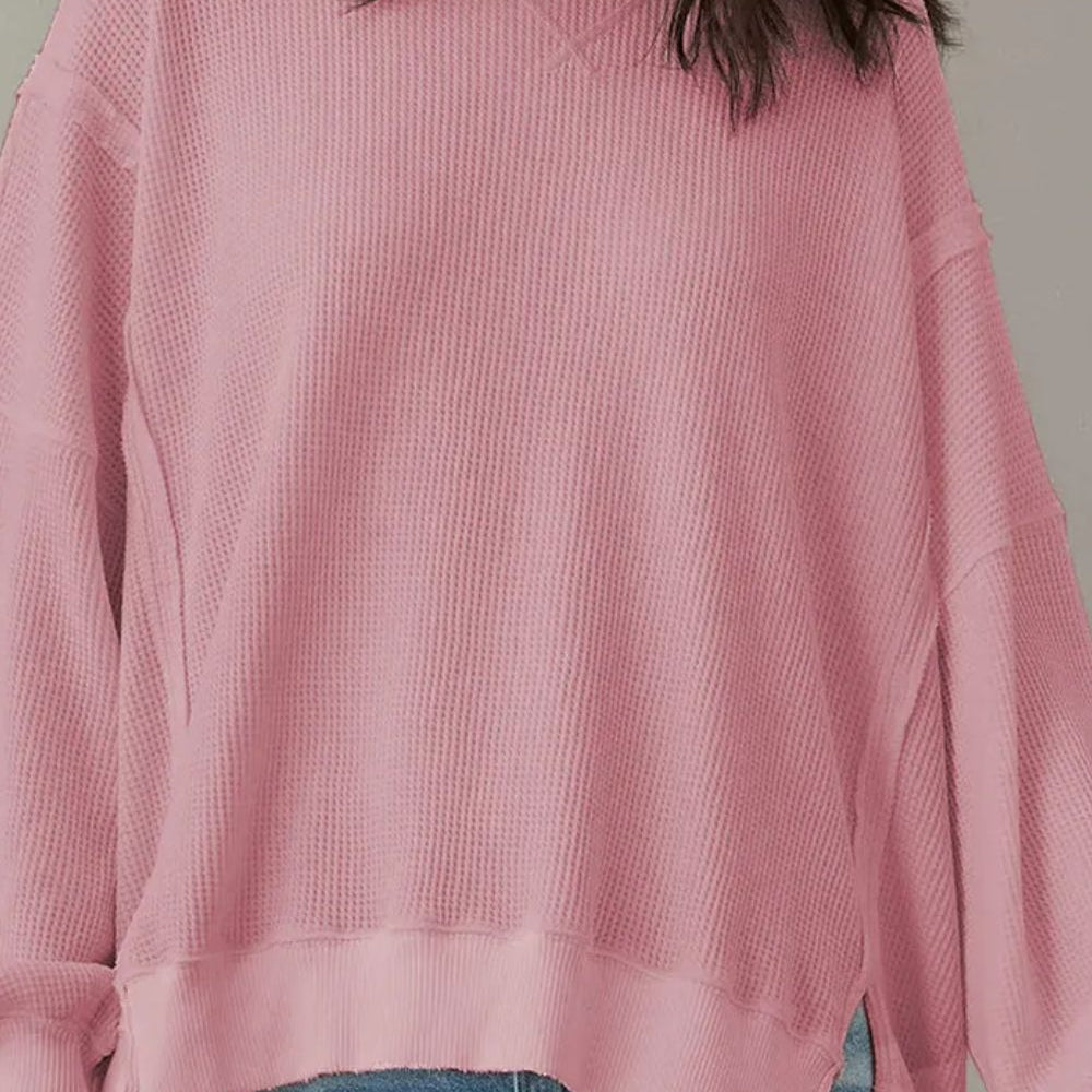 
                      
                        Slit Waffle-Knit Round Neck Long Sleeve Top
                      
                    